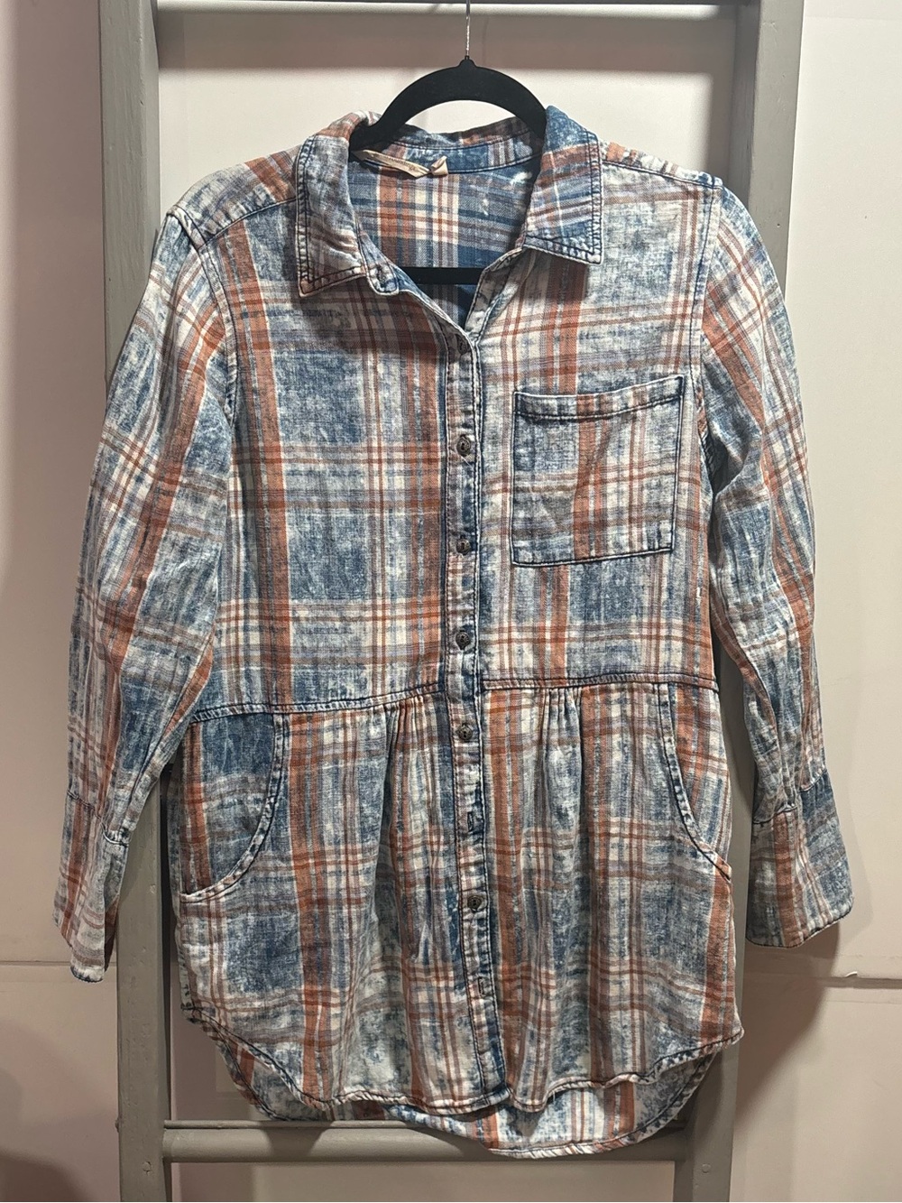 Soft Surroundings feminine Plaid, mineral wash tunic top, western, tiered, boho